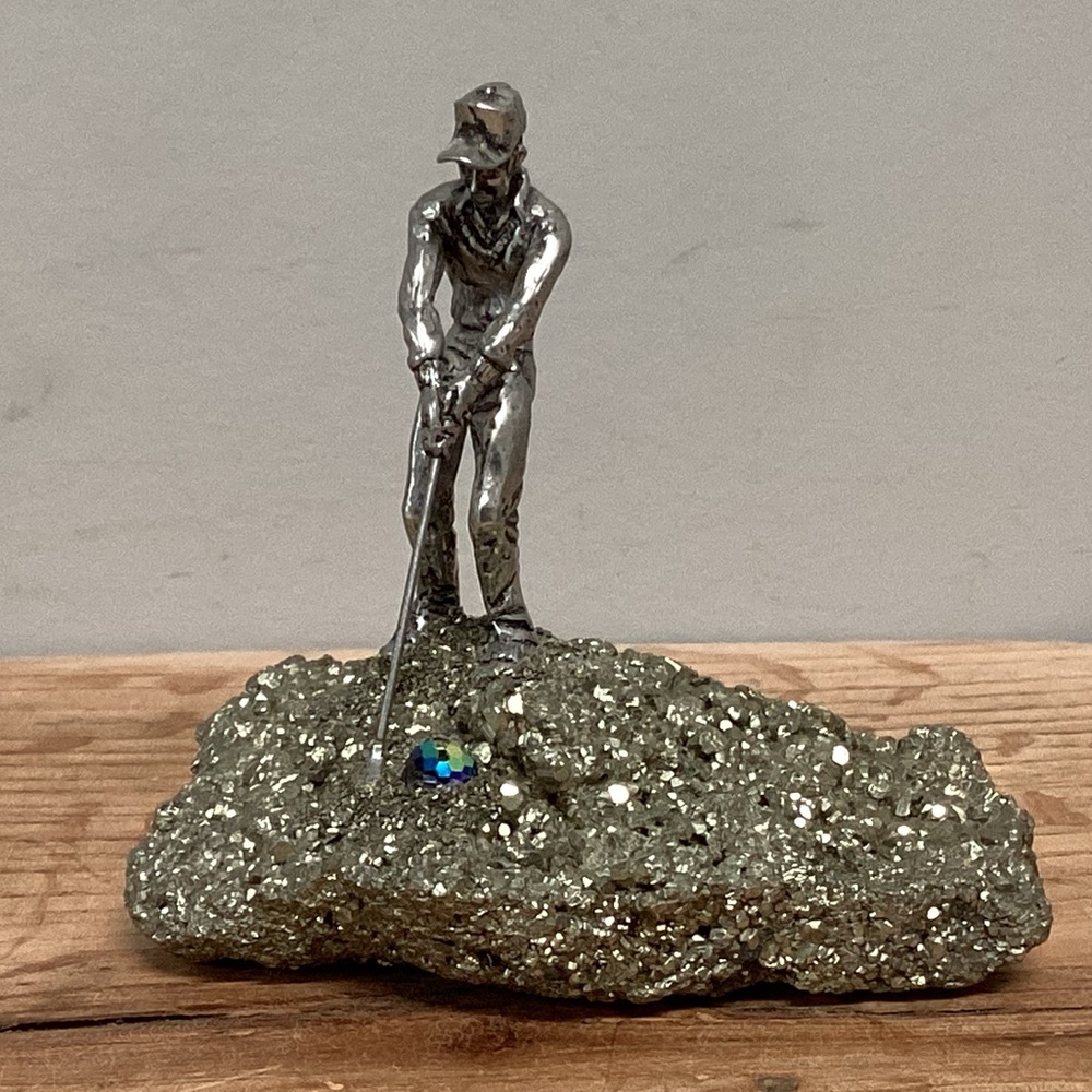 🔵 Vintage Pewter Crafted Golfer on Pyrite Stone “Fool’s Gold” - Collectible